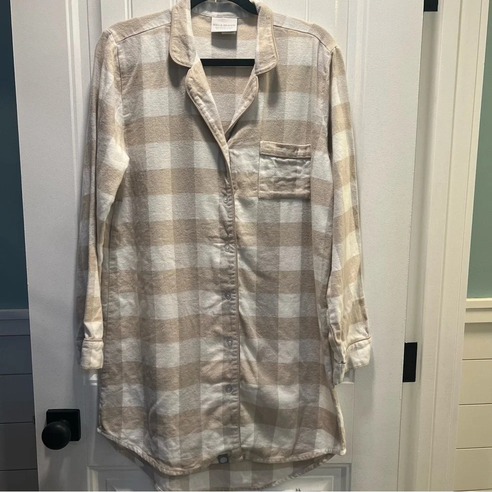 Boll & Branch Tan Cream Plaid Flannel‎ Sleep Shirt & PJ Bottoms.Size Medium.